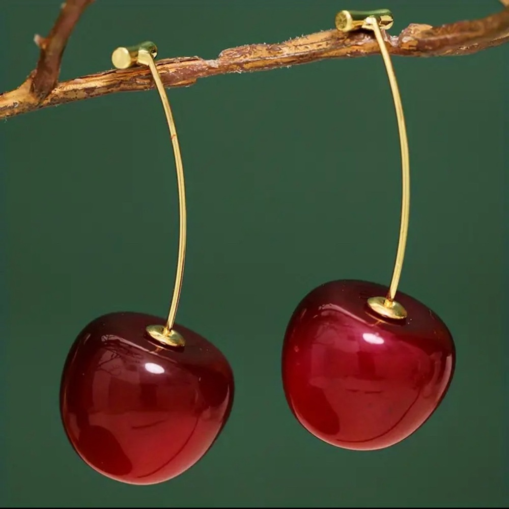 Cherry Fruit Realistic Acrylic Earrings Gold Tone